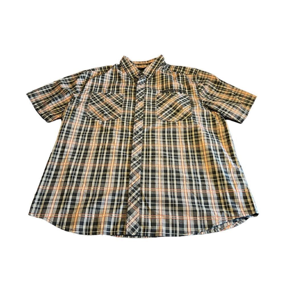 Harley Davidson 3XL short sleeve orange plaid button up polo shirt motorcycle